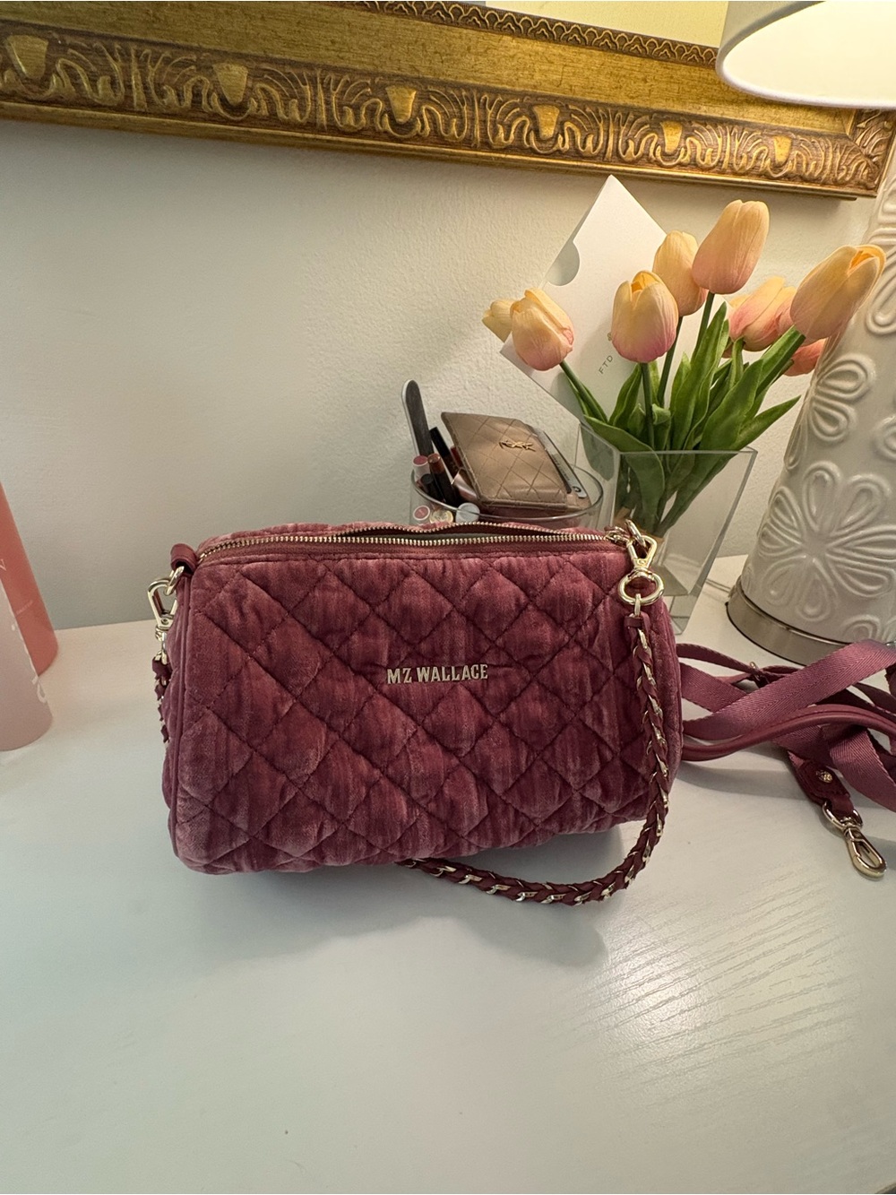 MZ Wallace Quilted Velvet Crossbody in Dusty Mauve